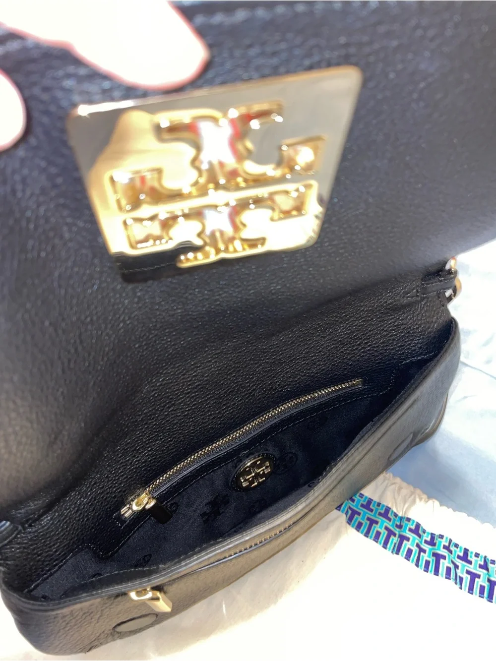 Tory Burch Black Pebbled Leather Chain Crossbody with Gold Logo